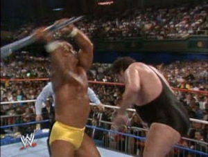 WWE-WWF_Wrestlemania-IV-1988_Andre-TheGiant_vs_Hulk-Hogan_attacks-with-steel-chair